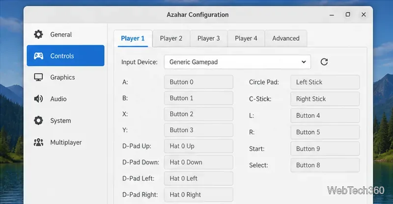 Azahar Controls configuration showing gamepad mappings for Circle Pad, C-Stick, buttons, and D-pad
