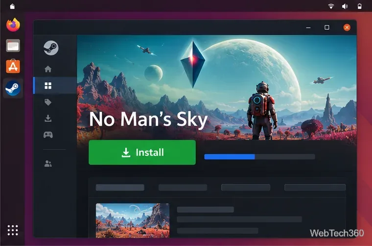 Ilustrație a jocului No Man's Sky selectat în Biblioteca Steam cu butonul Instalare vizibil.