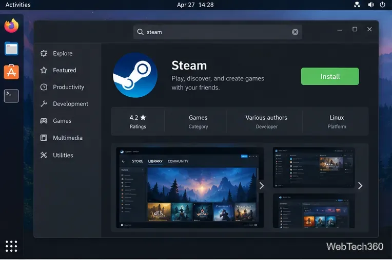Um catálogo de software para desktop Linux mostrando o Steam e seu botão verde "Instalar".