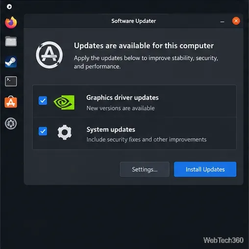 Um atualizador de software Linux lista atualizações de drivers gráficos e atualizações do sistema.