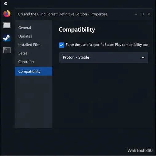 Na aba Compatibilidade das Propriedades do Jogo, a opção "Forçar o uso de uma ferramenta de compatibilidade específica do Steam Play" está marcada e o Proton Stable está selecionado.