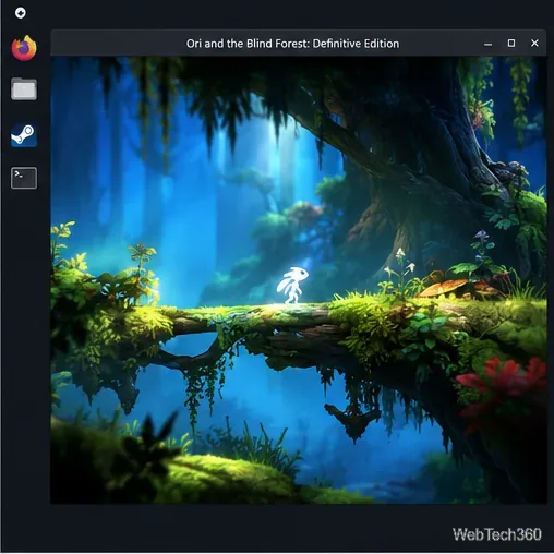 Um pequeno espírito branco está de pé em uma cena de floresta azul-esverdeada em um jogo de rolagem lateral com visualização em janela.