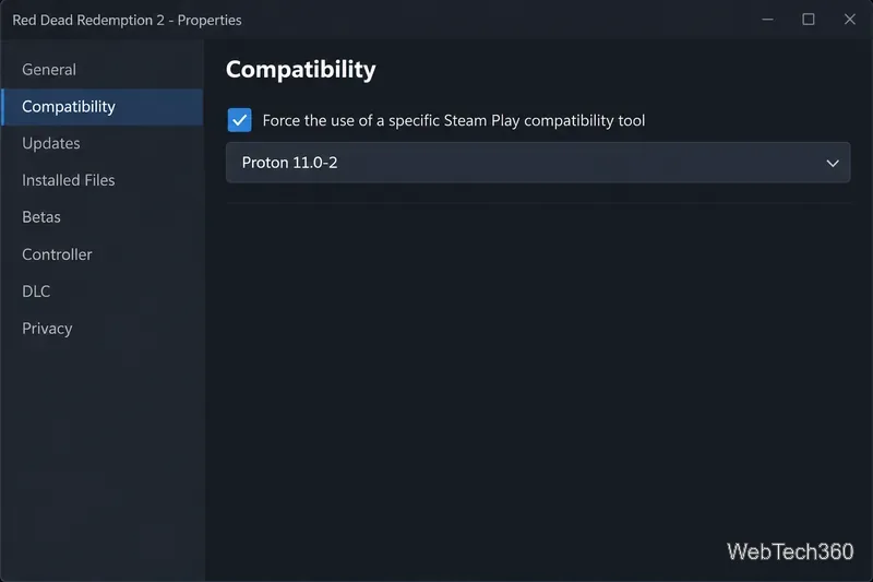 Scheda Compatibilità delle proprietà di Steam di Red Dead Redemption 2 con Proton 11.0-2 selezionato