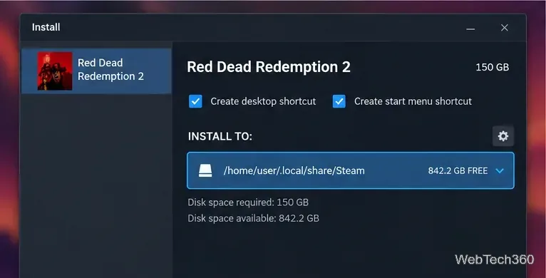 La finestra di dialogo di installazione di Steam per Red Dead Redemption 2 mostra un requisito di spazio su disco di 150 GB.