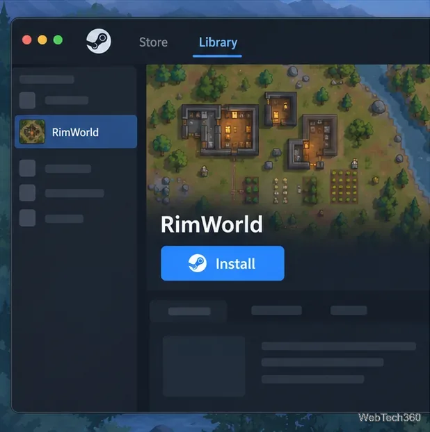 RimWorld sélectionné dans la bibliothèque Steam avec le bouton Installer visible