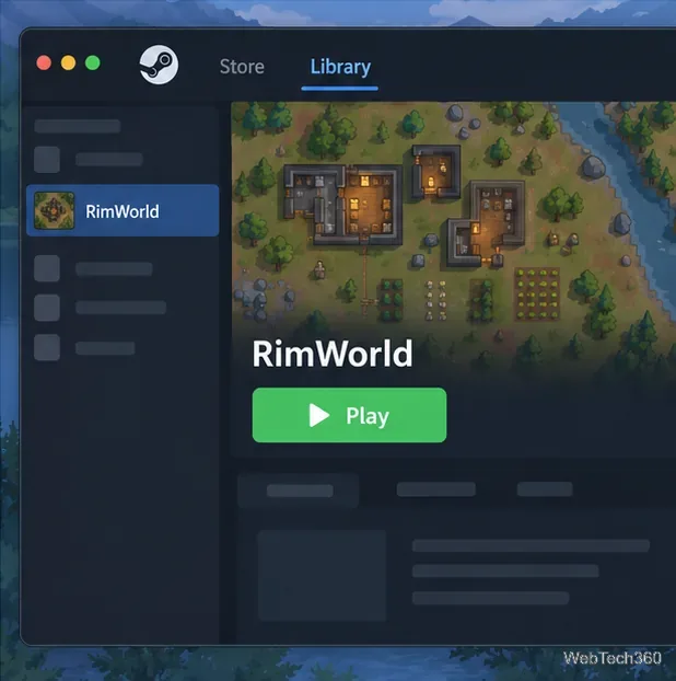 RimWorld dans la bibliothèque Steam après installation, avec le bouton Jouer visible.
