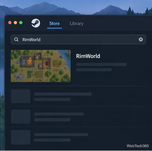 Le champ de recherche du magasin Steam affichant RimWorld comme résultat de jeu