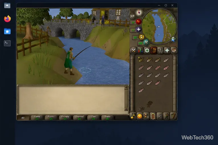 Old School RuneScape gameplay in a RuneLite-style Linux game window beside the launcher workflow