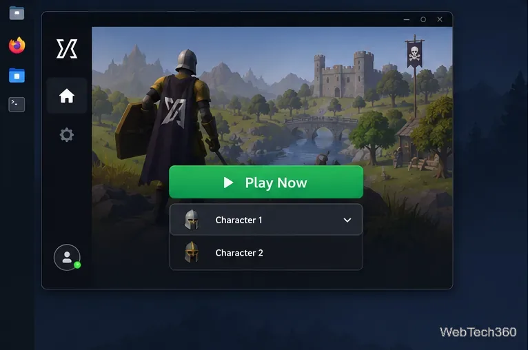 Linux launcher home screen with Play Now and a dropdown listing two example characters