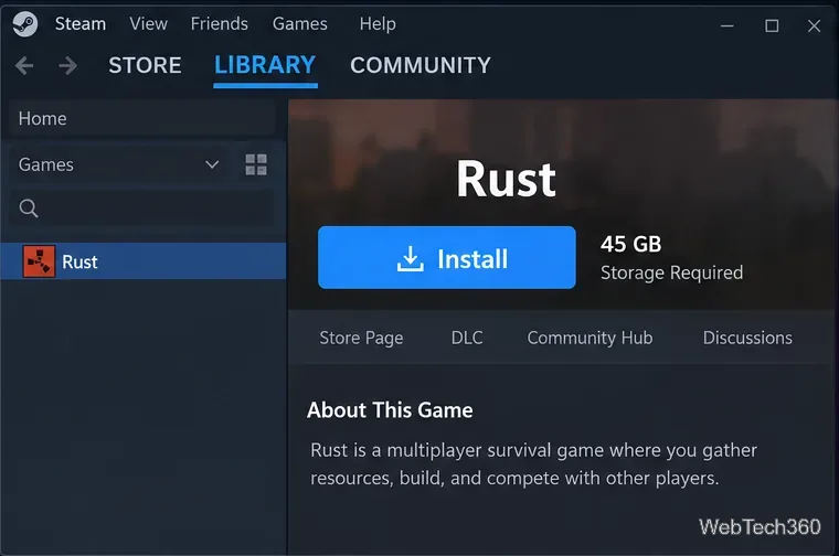 Steam Library page for RUST showing the Install button and 45 GB storage requirement
