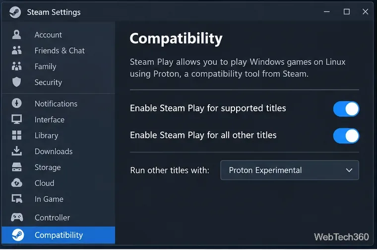 Steam Settings Compatibility page with Steam Play enabled and Proton Experimental selected
