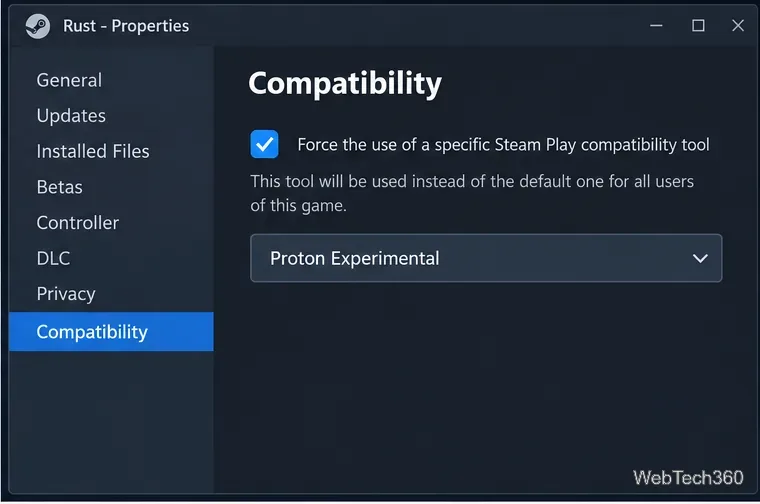 RUST Properties Compatibility page in Steam with Proton Experimental selected