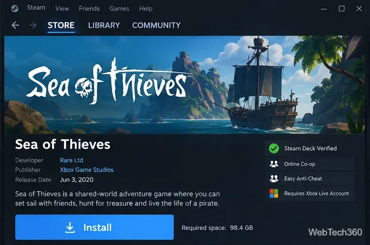 Steam版Sea of Thievesのページには、インストールボタン、Steam Deck認証、Easy Anti-Cheat、およびXboxアカウントの要件が表示されています。
