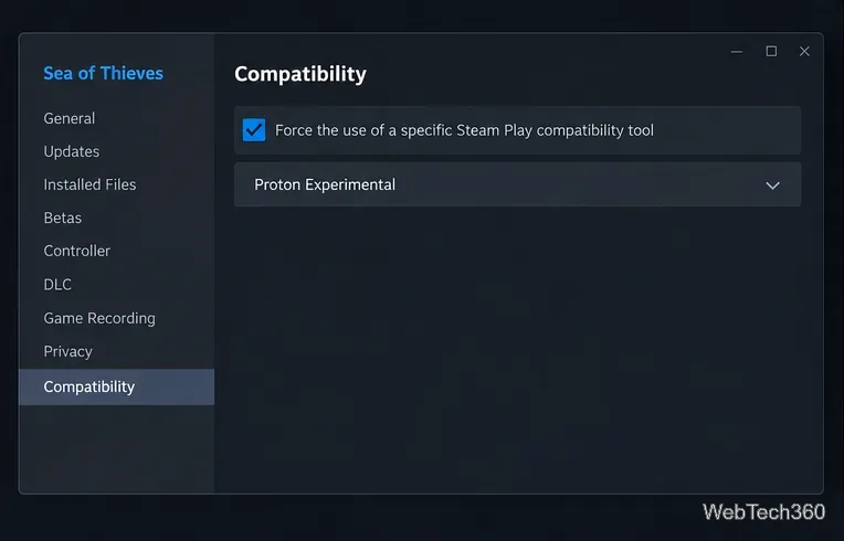 Steam PropertiesのSea of ThievesとProton Experimentalの選択に関する互換性ページ