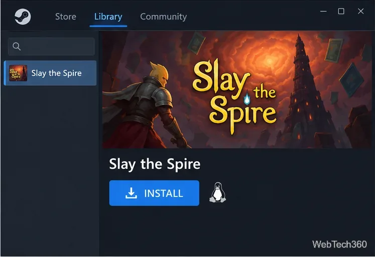 A página da Biblioteca de Slay the Spire no Steam com o botão azul "Instalar" e o ícone do Linux.