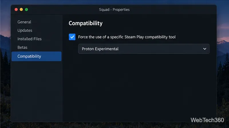 As propriedades de compatibilidade do Squad mostram a opção específica da ferramenta de compatibilidade ativada com o Proton Experimental selecionado.
