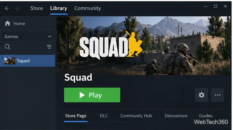 A página da Biblioteca Steam de Squad exibe o botão Jogar após a instalação.