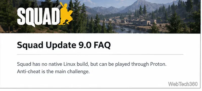 Um resumo das Perguntas Frequentes (FAQ) da Atualização 9.0, publicadas pela Squad, menciona a rota do Proton e a advertência sobre o sistema anti-cheat.