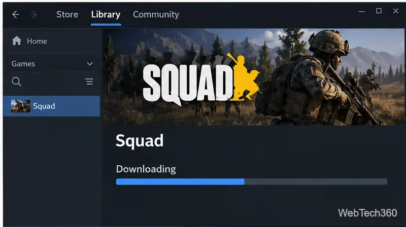 O Steam mostra o Squad sendo baixado na Biblioteca com uma barra de progresso.