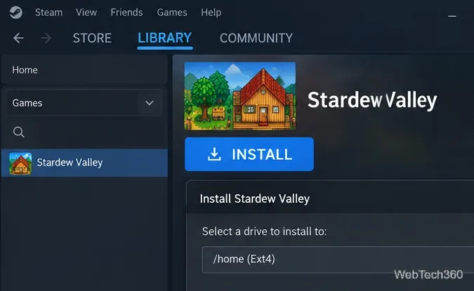 Linux上のSteamライブラリにStardew Valleyのインストールボタンとインストール場所ダイアログが表示されている。