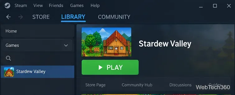 Linux上のSteamライブラリにStardew Valleyの緑色の再生ボタンが表示されている。