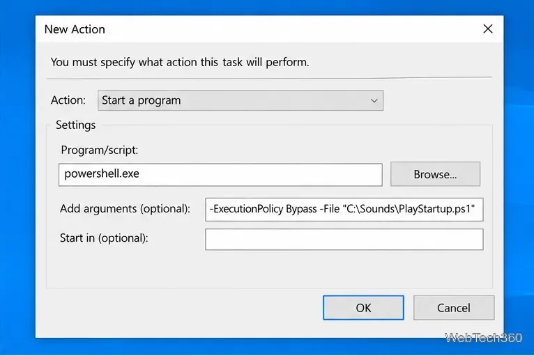 หน้าต่างการดำเนินการใหม่ของ Task Scheduler จะเรียกใช้ PowerShell พร้อมสคริปต์ PlayStartup.ps1