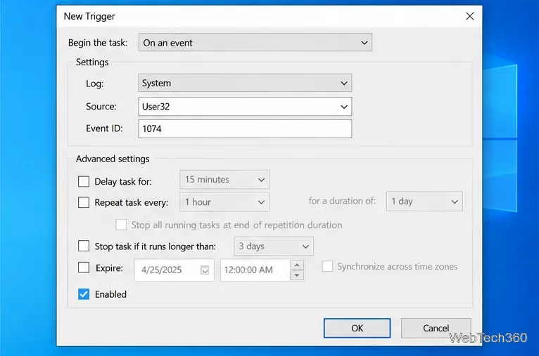 หน้าต่างโต้ตอบการสร้างทริกเกอร์ใหม่ของ Task Scheduler ถูกกำหนดค่าสำหรับบันทึกระบบ แหล่งที่มา User32 และรหัสเหตุการณ์ 1074