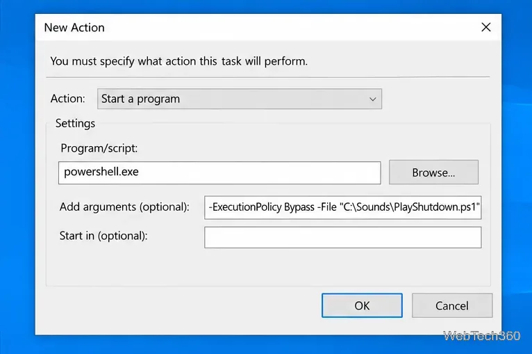 หน้าต่างการดำเนินการใหม่ของ Task Scheduler จะเรียกใช้ PowerShell พร้อมสคริปต์ PlayShutdown.ps1