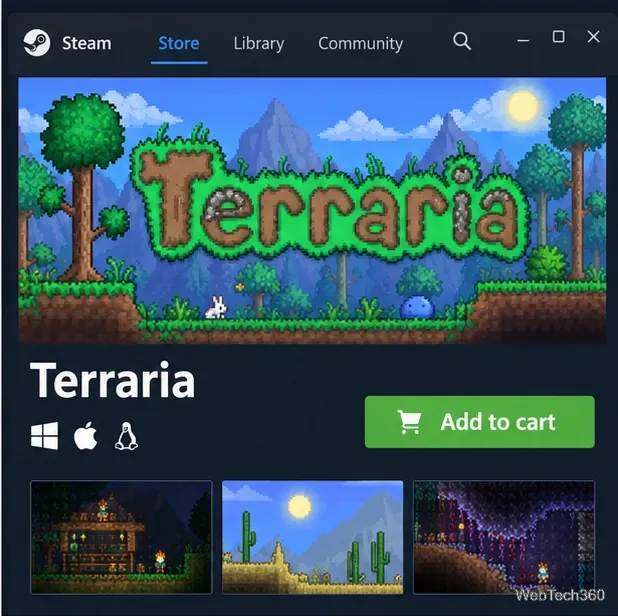 La page du magasin Steam de Terraria avec l'icône de la plateforme Linux et un bouton « Ajouter au panier ».