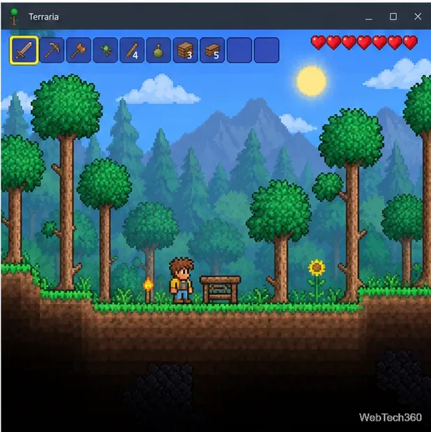Un personnage de Terraria en pixel art se tenant à côté d'un établi dans une forêt, avec la barre d'accès rapide et les indicateurs de santé visibles.