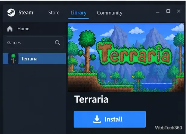 Terraria sélectionné dans la bibliothèque Steam, avec le bouton Installer visible.