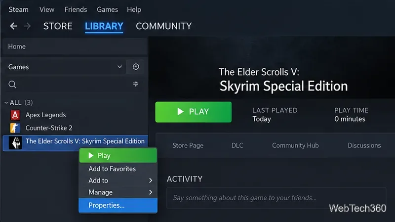 「プロパティ」を選択した状態で、Skyrim Special EditionのSteamライブラリのコンテキストメニューが表示されます。
