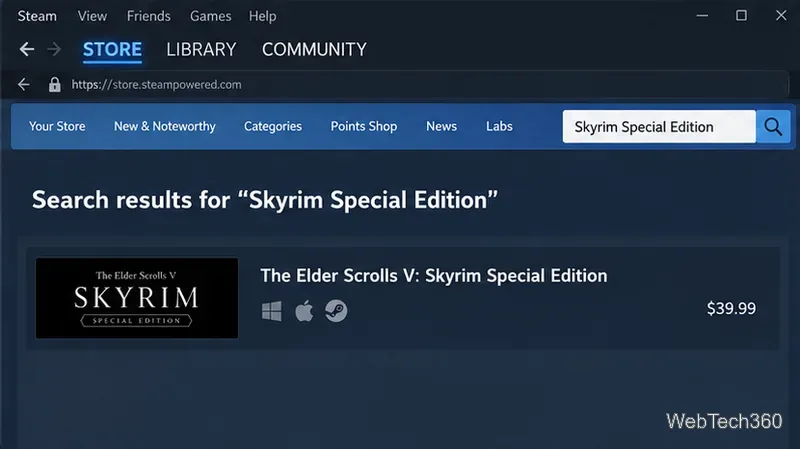Steamストアの検索結果に「The Elder Scrolls V Skyrim Special Edition」が表示されています。
