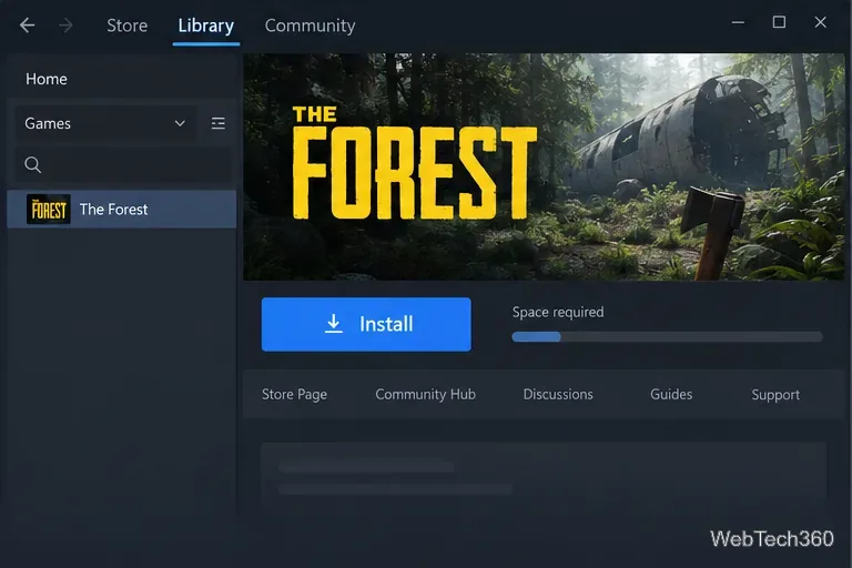 Pagina Bibliotecii Steam pentru The Forest cu butonul Instalare vizibil