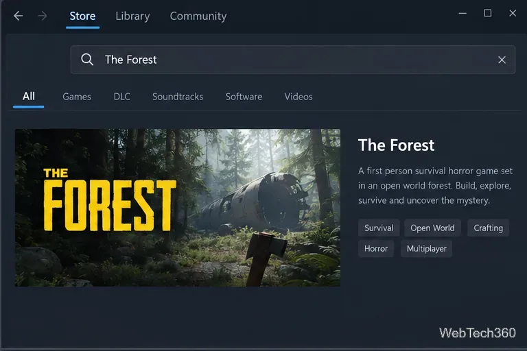 Rezultatele căutării în Magazinul Steam afișează lista jocului The Forest