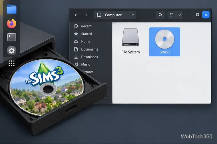 Linux file manager showing the mounted SIMS3 DVD volume next to a Sims 3 disc