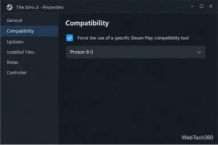 The Sims 3 Properties window in Steam on the Compatibility tab with a Proton version selected