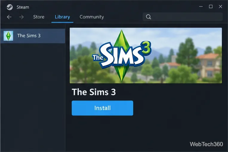 Steam Library entry for The Sims 3 with the blue Install button