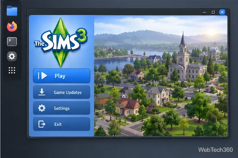 The Sims 3 launcher on a Linux desktop with its Play button visible