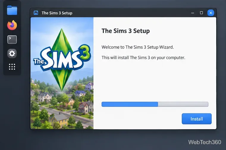 The Sims 3 Setup wizard running on a Linux desktop with an installation progress bar