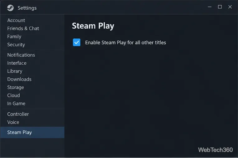 Steam Settings on Linux with Enable Steam Play for all other titles checked