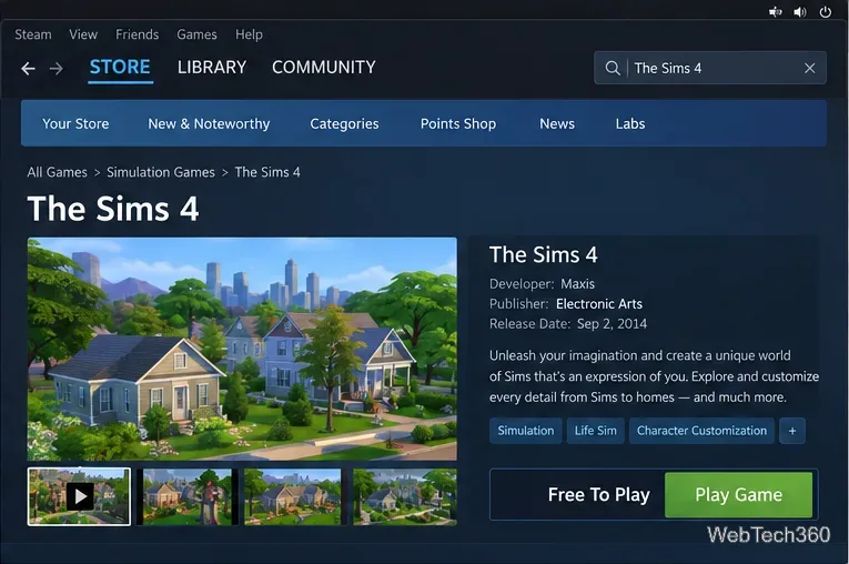 Steamストアの「ザ・シムズ4」ページには、無料プレイとゲームをプレイできるオプションが表示されています。