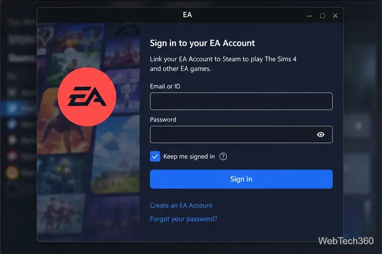 EAサインインウィンドウが表示され、プレイヤーにThe Sims 4のSteamにEAアカウントをリンクするように促されます。