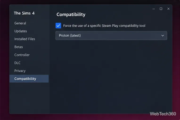 Steamの「ザ・シムズ4」プロパティウィンドウで、互換性が選択され、Protonが最新のオプションとして選択されている。
