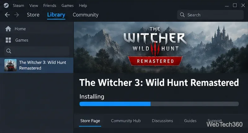Steam Library showing The Witcher 3 Remastered downloading with an unnumbered progress bar