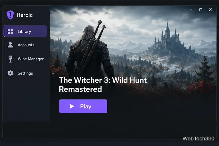 Heroic game page for The Witcher 3 Remastered with a Play button