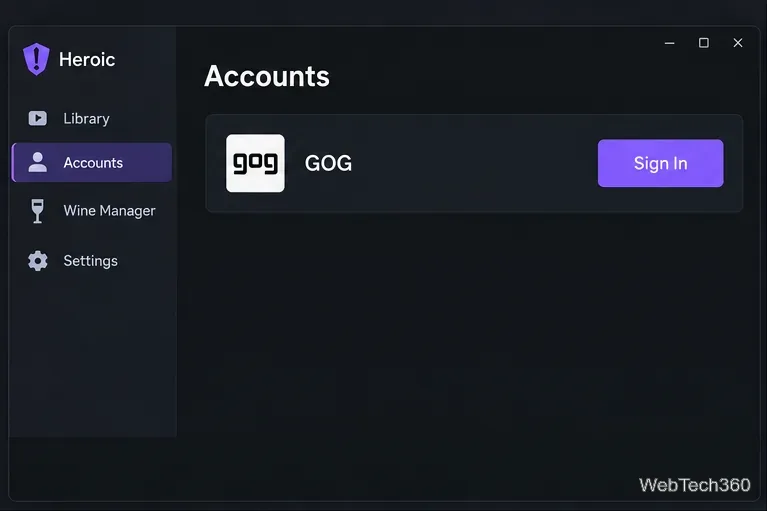 Heroic Accounts page with a GOG sign-in option