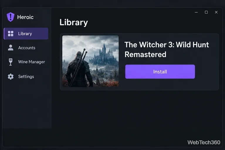 Heroic Library page showing The Witcher 3 Remastered and its Install button