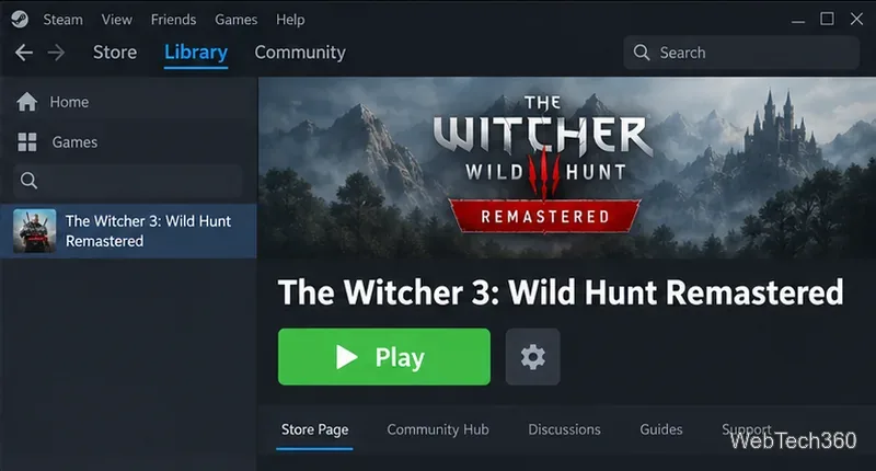 Steam Library page for The Witcher 3 Remastered with the Play button visible