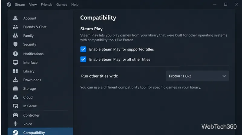 Configuración de compatibilidad de Steam con Steam Play habilitado y una versión de Proton seleccionada.